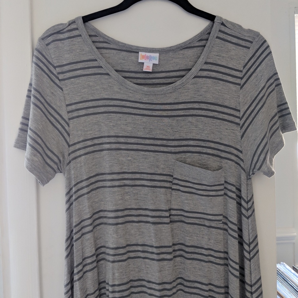 Worn once: XS LulaRoe Carly. Lt gray, gray stripes